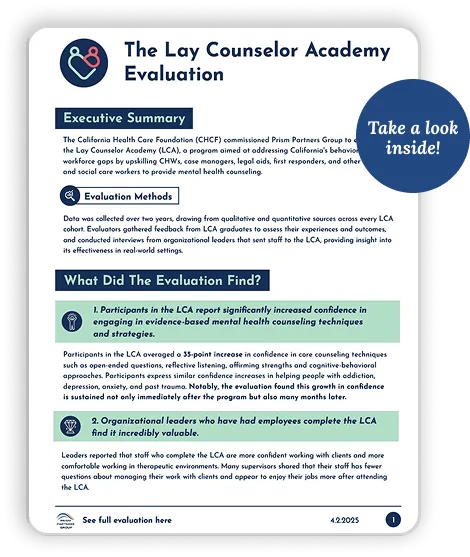 Cover of the California Health Care Foundation's 2025 evaluation report of The Lay Counselor Academy
